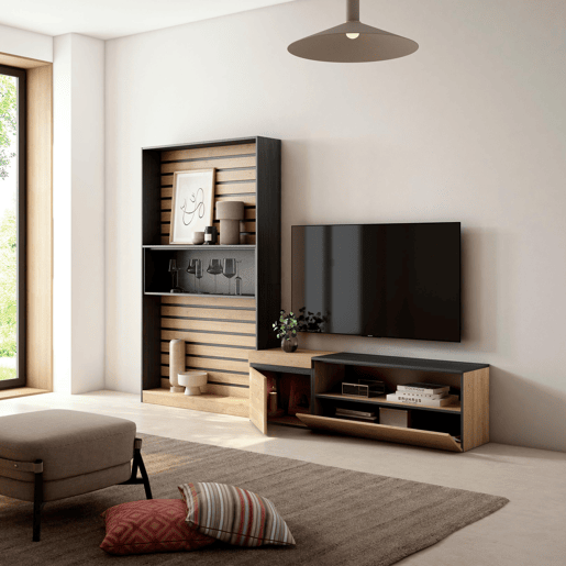 Conjunto de móveis TV, Mobiliário sala de estar, 260x35x186cm, Para televisores até 65, Estante para TV, Estilo moderno, Carvalho e preto Conjunto de móveis TV, Mobiliário sala de estar, 260x35x186cm, Para televisores até 65, Estante para TV, Estilo moderno, Carvalho e preto