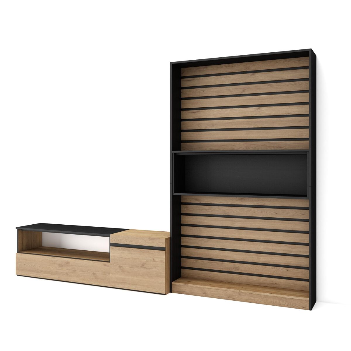 Muebles de salón para tv, conjunto de muebles comedor, 260x35x186cm, para tv hasta 65", mueble televisión, estilo moderno, roble y negro