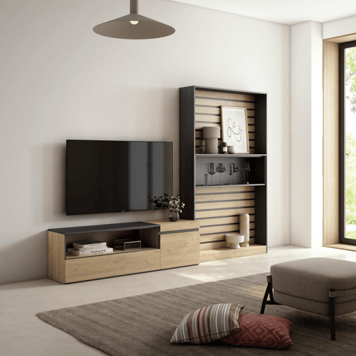 Conjunto de móveis TV, Mobiliário sala de estar, 260x35x186cm, Para televisores até 65, Estante para TV, Estilo moderno, Carvalho e preto