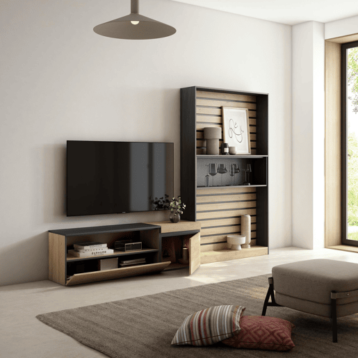 Conjunto de móveis TV, Mobiliário sala de estar, 260x35x186cm, Para televisores até 65, Estante para TV, Estilo moderno, Carvalho e preto