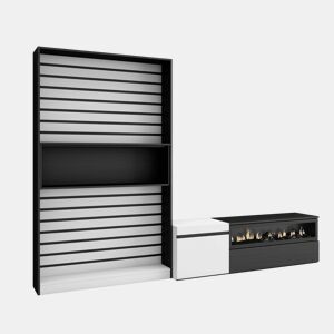 Conjunto de móveis TV, Mobiliário sala de estar, 260x35x186cm, Para televisores até 65, Lareira eléctrica, Estilo moderno, Branco e preto