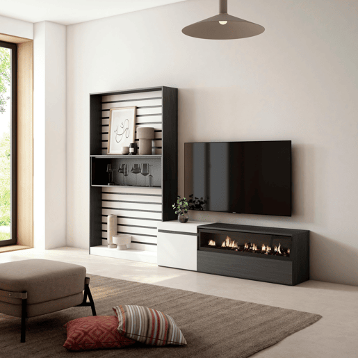 Conjunto de móveis TV, Mobiliário sala de estar, 260x35x186cm, Para televisores até 65, Lareira eléctrica, Estilo moderno, Branco e preto