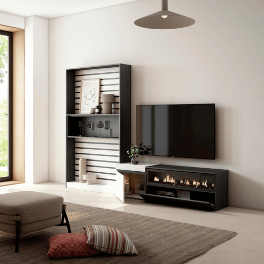 Conjunto de móveis TV, Mobiliário sala de estar, 260x35x186cm, Para televisores até 65, Lareira eléctrica, Estilo moderno, Branco e preto