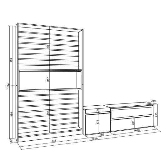 Conjunto de móveis TV, Mobiliário sala de estar, 260x35x186cm, Para televisores até 65, Lareira eléctrica, Estilo moderno, Branco e preto