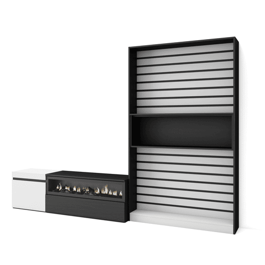 Conjunto de móveis TV, Mobiliário sala de estar, 260x35x186cm, Para televisores até 65, Lareira eléctrica, Estilo moderno, Branco e preto