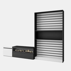 Conjunto de móveis TV, Mobiliário sala de estar, 260x35x186cm, Para televisores até 65, Lareira eléctrica, Estilo moderno, Branco e preto