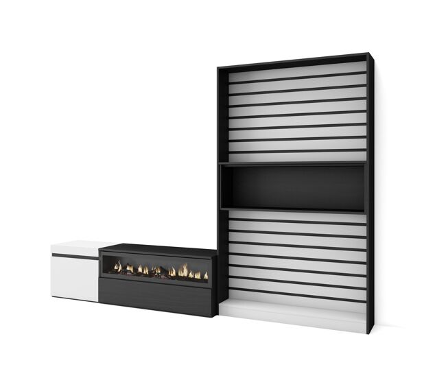 Muebles de salón para tv, conjunto de muebles comedor, 260x35x186cm, para tv hasta 65", chimenea eléctrica, estilo moderno, blanco y negro