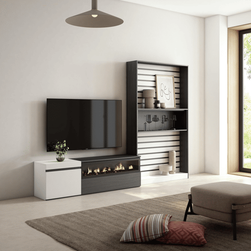 Conjunto de móveis TV, Mobiliário sala de estar, 260x35x186cm, Para televisores até 65, Lareira eléctrica, Estilo moderno, Branco e preto