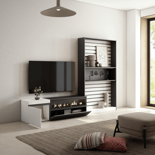 Conjunto de móveis TV, Mobiliário sala de estar, 260x35x186cm, Para televisores até 65, Lareira eléctrica, Estilo moderno, Branco e preto