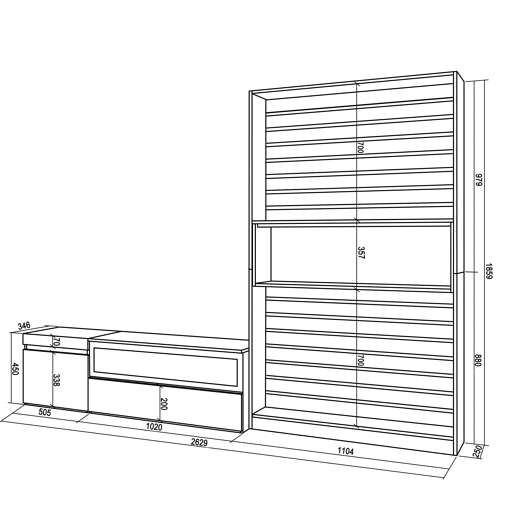 Conjunto de móveis TV, Mobiliário sala de estar, 260x35x186cm, Para televisores até 65, Lareira eléctrica, Estilo moderno, Branco e preto