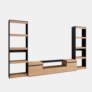 Conjunto de móveis TV, Mobiliário sala de estar, 320x35x186cm, Para televisores até 80, Estante para TV, Estilo moderno, Carvalho e preto