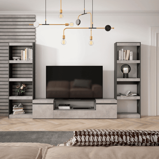 Conjunto de móveis TV, Mobiliário sala de estar, 320x35x186cm, Para televisores até 80, Estante para TV, Estilo moderno, Cimento Conjunto de móveis TV, Mobiliário sala de estar, 320x35x186cm, Para televisores até 80, Estante para TV, Estilo moderno, Cimento
