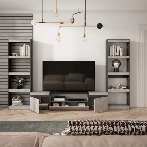 Conjunto de móveis TV, Mobiliário sala de estar, 320x35x186cm, Para televisores até 80, Estante para TV, Estilo moderno, Cimento Conjunto de móveis TV, Mobiliário sala de estar, 320x35x186cm, Para televisores até 80, Estante para TV, Estilo moderno, Cimento