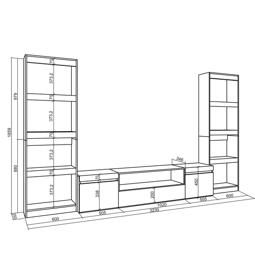 Conjunto de móveis TV, Mobiliário sala de estar, 320x35x186cm, Para televisores até 80, Estante para TV, Estilo moderno, Cimento Conjunto de móveis TV, Mobiliário sala de estar, 320x35x186cm, Para televisores até 80, Estante para TV, Estilo moderno, Cimento