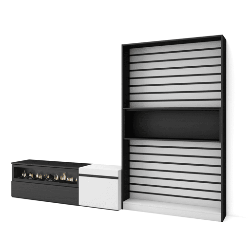 Conjunto de móveis TV, Mobiliário sala de estar, 260x35x186cm, Para televisores até 65, Lareira eléctrica, Estilo moderno, Branco e preto