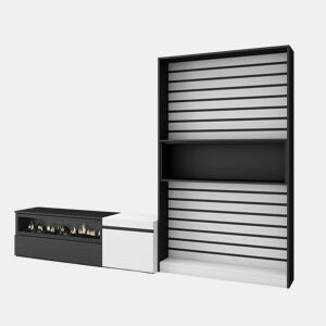 Conjunto de móveis TV, Mobiliário sala de estar, 260x35x186cm, Para televisores até 65, Lareira eléctrica, Estilo moderno, Branco e preto
