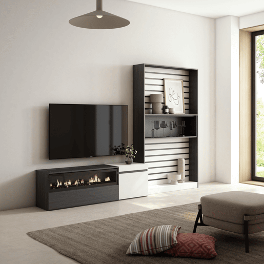 Conjunto de móveis TV, Mobiliário sala de estar, 260x35x186cm, Para televisores até 65, Lareira eléctrica, Estilo moderno, Branco e preto