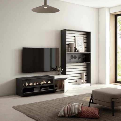 Conjunto de móveis TV, Mobiliário sala de estar, 260x35x186cm, Para televisores até 65, Lareira eléctrica, Estilo moderno, Branco e preto