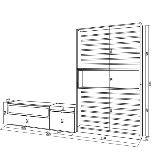 Conjunto de móveis TV, Mobiliário sala de estar, 260x35x186cm, Para televisores até 65, Lareira eléctrica, Estilo moderno, Branco e preto