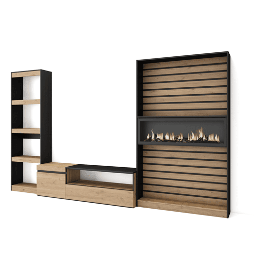 Conjunto de móveis TV, Mobiliário sala de estar, 320x35x186cm, Lareira eléctrica XXL, Estilo moderno, Carvalho e preto