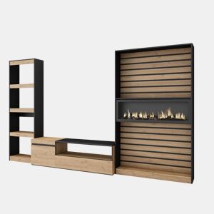 Conjunto de móveis TV, Mobiliário sala de estar, 320x35x186cm, Lareira eléctrica XXL, Estilo moderno, Carvalho e preto