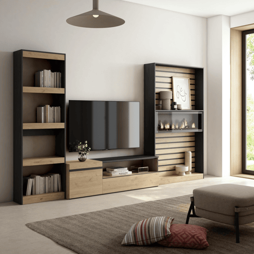 Conjunto de móveis TV, Mobiliário sala de estar, 320x35x186cm, Lareira eléctrica XXL, Estilo moderno, Carvalho e preto