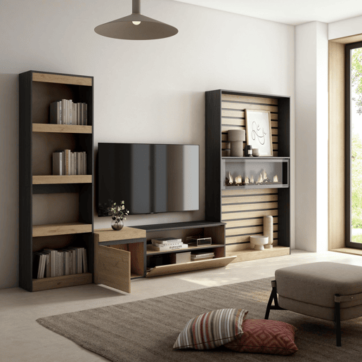Conjunto de móveis TV, Mobiliário sala de estar, 320x35x186cm, Lareira eléctrica XXL, Estilo moderno, Carvalho e preto