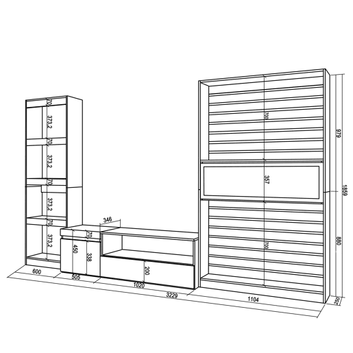 Conjunto de móveis TV, Mobiliário sala de estar, 320x35x186cm, Lareira eléctrica XXL, Estilo moderno, Carvalho e preto