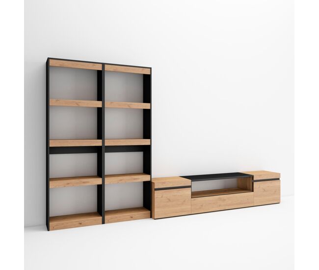 Muebles de salón para tv, conjunto de muebles comedor, 320x35x186cm, para tv hasta 80", mueble televisión, estilo moderno, roble y negro