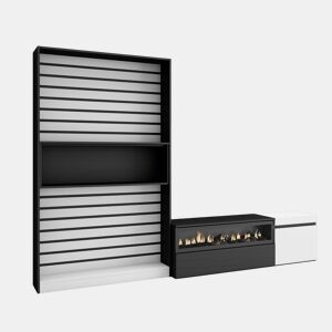 Conjunto de móveis TV, Mobiliário sala de estar, 260x35x186cm, Para televisores até 65, Lareira eléctrica, Estilo moderno, Branco e preto