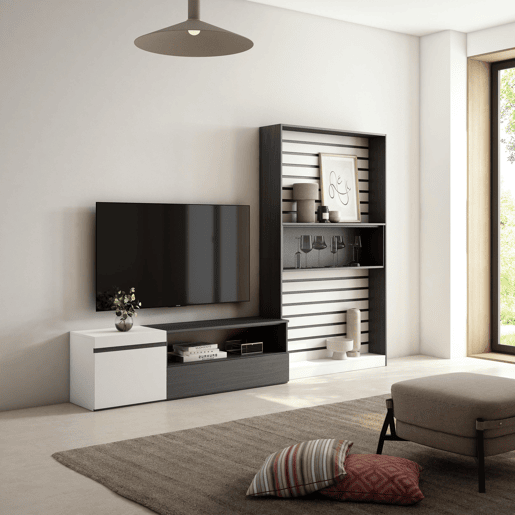 Conjunto de móveis TV, Mobiliário sala de estar, 260x35x186cm, Para televisores até 65, Estante para TV, Estilo moderno, Branco e preto