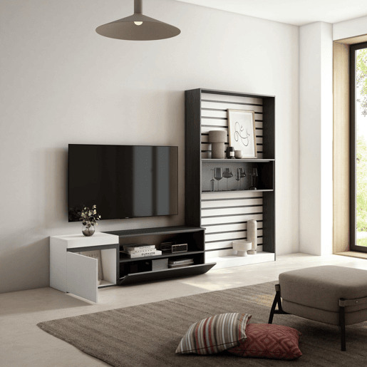 Conjunto de móveis TV, Mobiliário sala de estar, 260x35x186cm, Para televisores até 65, Estante para TV, Estilo moderno, Branco e preto