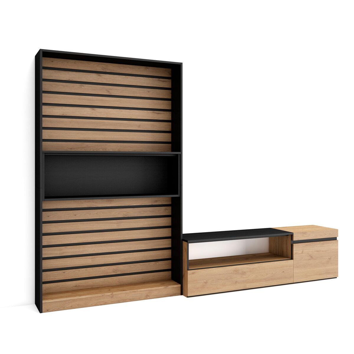 Muebles de salón para tv, conjunto de muebles comedor, 260x35x186cm, para tv hasta 65", mueble televisión, estilo moderno, roble y negro