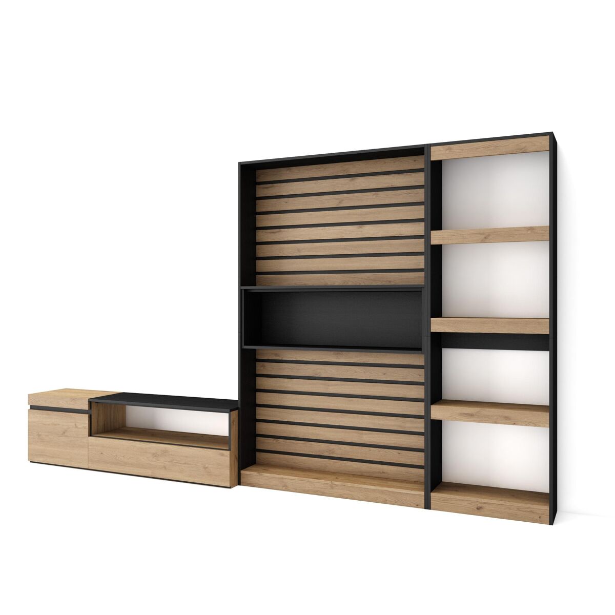 Muebles de salón para tv, conjunto de muebles comedor, 320x35x186cm, mueble televisión, estilo moderno, roble y negro