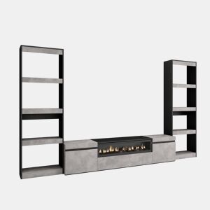Conjunto de móveis TV, Mobiliário sala de estar, 320x35x186cm, Para televisores até 80, Lareira eléctrica, Estilo moderno, Cimento