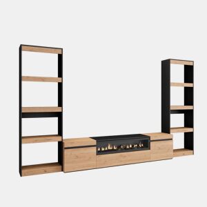 Conjunto de móveis TV, Mobiliário sala de estar, 320x35x186cm, Para televisores até 80, Lareira eléctrica, Estilo moderno, Carvalho e preto