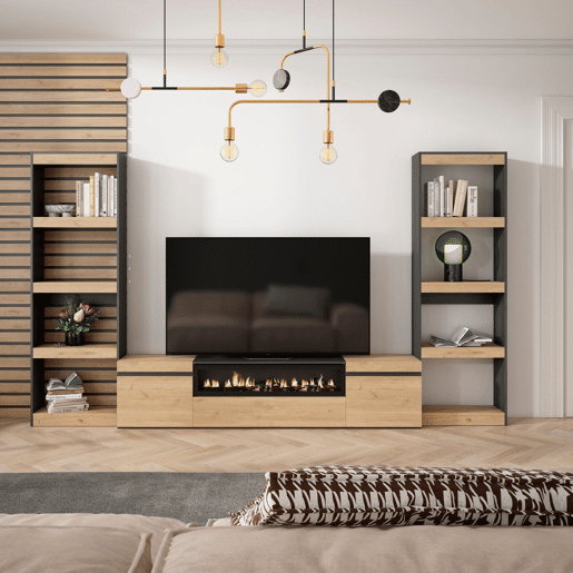 Conjunto de móveis TV, Mobiliário sala de estar, 320x35x186cm, Para televisores até 80, Lareira eléctrica, Estilo moderno, Carvalho e preto