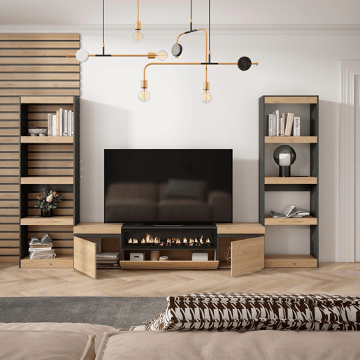 Conjunto de móveis TV, Mobiliário sala de estar, 320x35x186cm, Para televisores até 80, Lareira eléctrica, Estilo moderno, Carvalho e preto