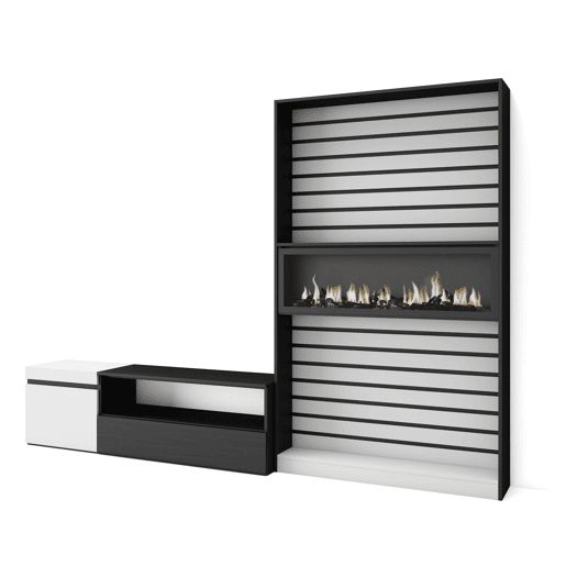 Conjunto de móveis TV, Mobiliário sala de estar, 260x35x186cm, Para televisores até 65, Lareira eléctrica XXL, Estilo moderno, Branco e preto