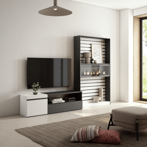 Conjunto de móveis TV, Mobiliário sala de estar, 260x35x186cm, Para televisores até 65, Lareira eléctrica XXL, Estilo moderno, Branco e preto