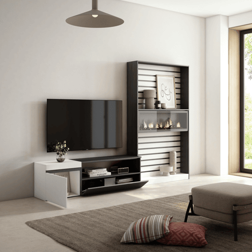 Conjunto de móveis TV, Mobiliário sala de estar, 260x35x186cm, Para televisores até 65, Lareira eléctrica XXL, Estilo moderno, Branco e preto