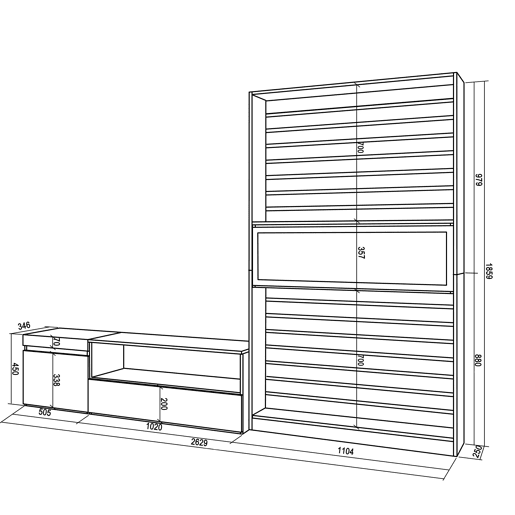 Conjunto de móveis TV, Mobiliário sala de estar, 260x35x186cm, Para televisores até 65, Lareira eléctrica XXL, Estilo moderno, Branco e preto