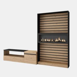 Conjunto de móveis TV, Mobiliário sala de estar, 260x35x186cm, Para televisores até 65, Lareira eléctrica XXL, Estilo moderno, Carvalho e preto