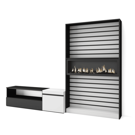 Conjunto de móveis TV, Mobiliário sala de estar, 260x35x186cm, Para televisores até 65, Lareira eléctrica XXL, Estilo moderno, Branco e preto