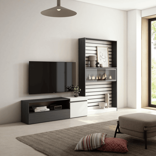 Conjunto de móveis TV, Mobiliário sala de estar, 260x35x186cm, Para televisores até 65, Lareira eléctrica XXL, Estilo moderno, Branco e preto