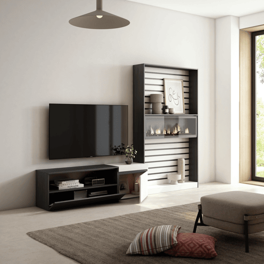 Conjunto de móveis TV, Mobiliário sala de estar, 260x35x186cm, Para televisores até 65, Lareira eléctrica XXL, Estilo moderno, Branco e preto