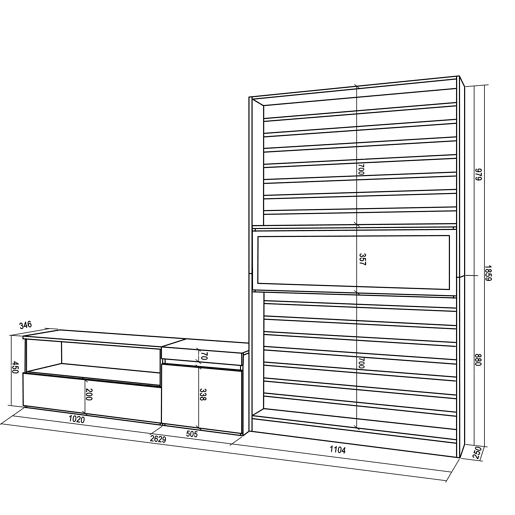 Conjunto de móveis TV, Mobiliário sala de estar, 260x35x186cm, Para televisores até 65, Lareira eléctrica XXL, Estilo moderno, Branco e preto