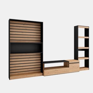 Conjunto de móveis TV, Mobiliário sala de estar, 320x35x186cm, Estante para TV, Estilo moderno, Carvalho e preto