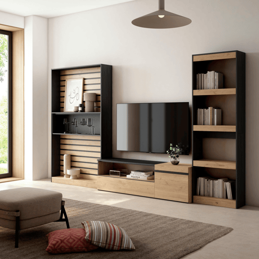 Conjunto de móveis TV, Mobiliário sala de estar, 320x35x186cm, Estante para TV, Estilo moderno, Carvalho e preto