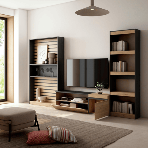 Conjunto de móveis TV, Mobiliário sala de estar, 320x35x186cm, Estante para TV, Estilo moderno, Carvalho e preto